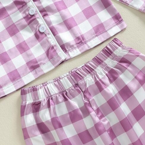 Girls Silk Pajamas Baby Plaid Print Button Up Long Sleeves Shirt + Elastic Pants Loungewear Toddler Sleepwear in Saudi Arabia