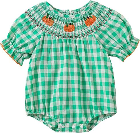 Toddler Baby Girl Halloween Outfits Pumpkin Print Plaid Short Puff Sleeve Smocked Romper Cotton Linen Bodysuit in Saudi Arabia