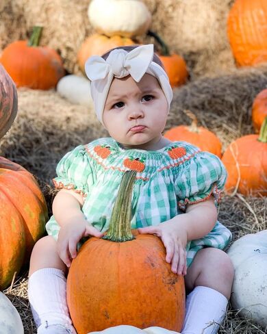 Toddler Baby Girl Halloween Outfits Pumpkin Print Plaid Short Puff Sleeve Smocked Romper Cotton Linen Bodysuit in Saudi Arabia