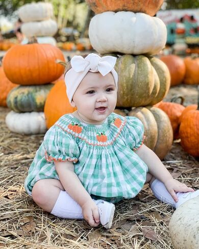 Toddler Baby Girl Halloween Outfits Pumpkin Print Plaid Short Puff Sleeve Smocked Romper Cotton Linen Bodysuit in Saudi Arabia