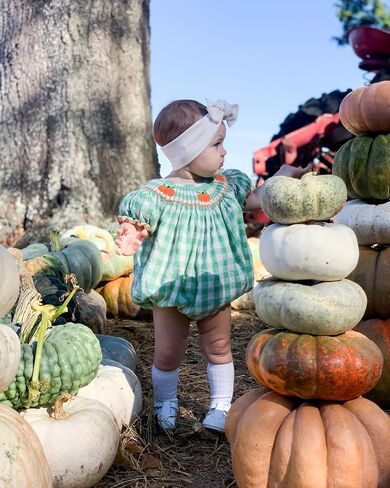 Toddler Baby Girl Halloween Outfits Pumpkin Print Plaid Short Puff Sleeve Smocked Romper Cotton Linen Bodysuit in Saudi Arabia