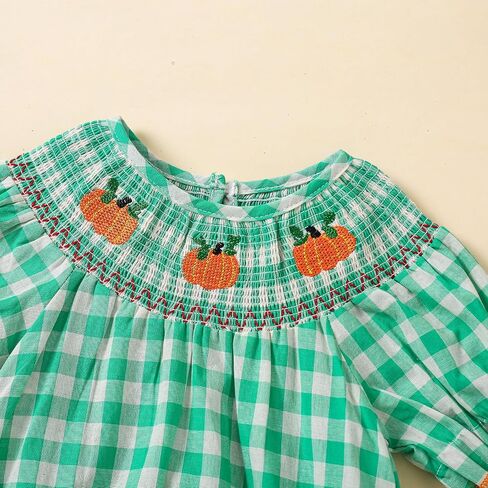 Toddler Baby Girl Halloween Outfits Pumpkin Print Plaid Short Puff Sleeve Smocked Romper Cotton Linen Bodysuit in Saudi Arabia