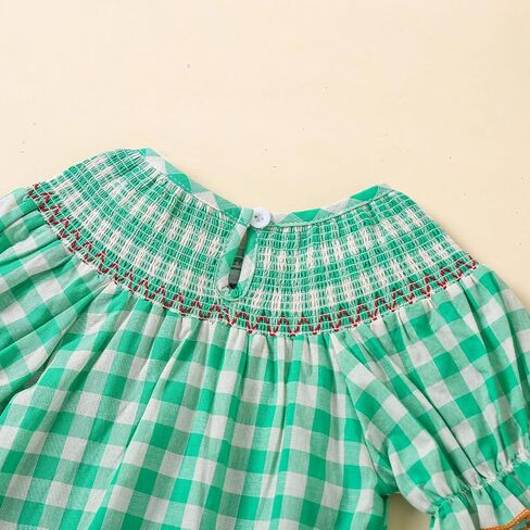 Toddler Baby Girl Halloween Outfits Pumpkin Print Plaid Short Puff Sleeve Smocked Romper Cotton Linen Bodysuit in Saudi Arabia