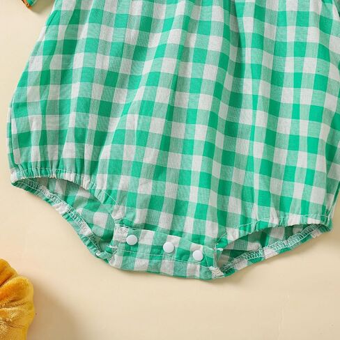 Toddler Baby Girl Halloween Outfits Pumpkin Print Plaid Short Puff Sleeve Smocked Romper Cotton Linen Bodysuit in Saudi Arabia