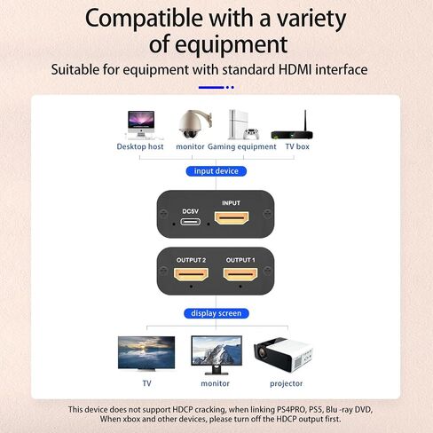 HDMI 2.1 Splitter 1 in 2 Out, Ultra HD 8K@60Hz 48Gbps HDR10+ RGB 4:4:4 HDCP 2.3, Mirror Only, HDMI Duplicator Auto EDID, 2 Ports Splitter for Xbox Series X, PS4/5, Blu-ray Player in Saudi Arabia