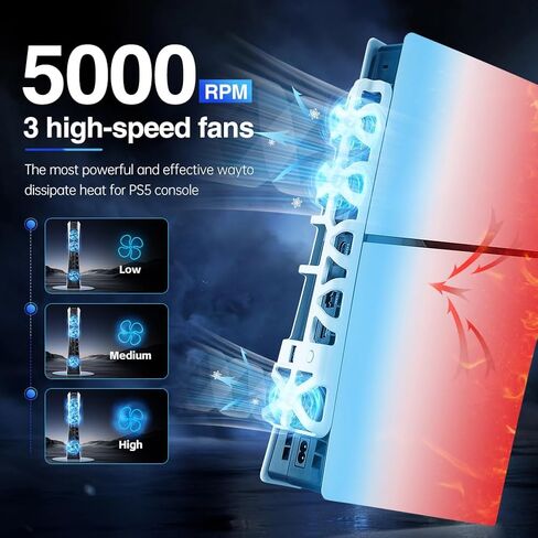 Cooling Fan with LED Light for PS5 Slim, Quiet Cooling System Accessories for Playstation 5 Slim Disc and Digital Editions, Compatible with Horizontal Stand For Gaming Console in Kuwait