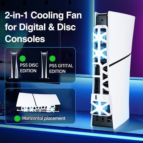 Cooling Fan with LED Light for PS5 Slim, Quiet Cooling System Accessories for Playstation 5 Slim Disc and Digital Editions, Compatible with Horizontal Stand For Gaming Console in Kuwait