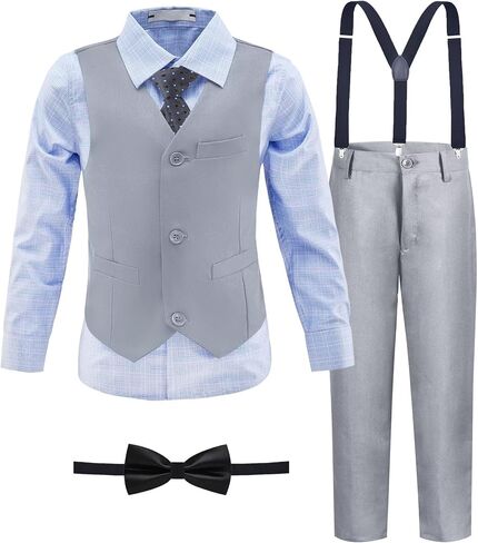 Boys' Suit Kids Formal Tuxedo Suits for Boys Wedding Outfits Dress Vest Pants Suspenders Set Adjustable Waist in Saudi Arabia