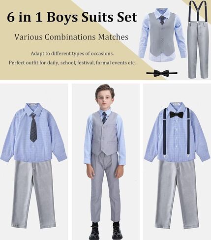 Boys' Suit Kids Formal Tuxedo Suits for Boys Wedding Outfits Dress Vest Pants Suspenders Set Adjustable Waist in Saudi Arabia