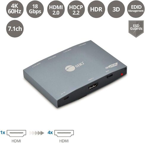 SIIG 4K HDMI Splitter 1 in 4 Out، HDR مع EDID، 1x4 HDMI Splitter، HDCP 2.2/1.4، HDR، عرض النطاق الترددي 18 جيجابت في الثانية، إدارة EDID، متوافق مع TAA (CE-H26K11-S1) in Saudi Arabia