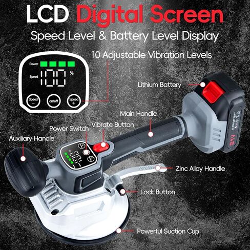 Tile Vibration Tool,Prodcyc Cordless Tile Vibration Leveling Machine with LCD Display & 2 Battery, Tile Suction Cup Vibrating Tool 10 Adjustable Speed,Tile Tools for Floor,Tile,Wall (Charcoal Black) in Saudi Arabia