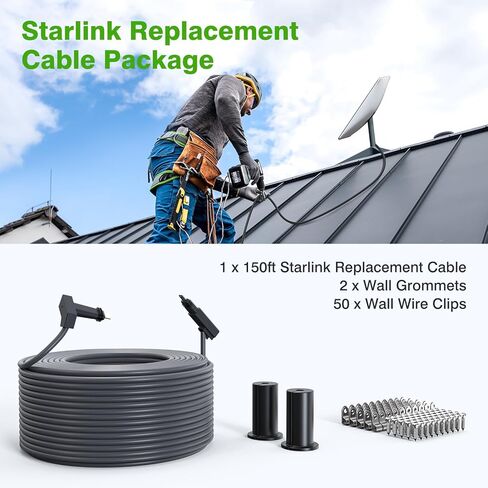 Starlink Cable 150FT for Starlink Satellite V2, Satellite Replacement Extension Cord with End Caps Waterproof, Starlink Replacement Cable Accessories with Cable Bushings & Wire Clips in Kuwait