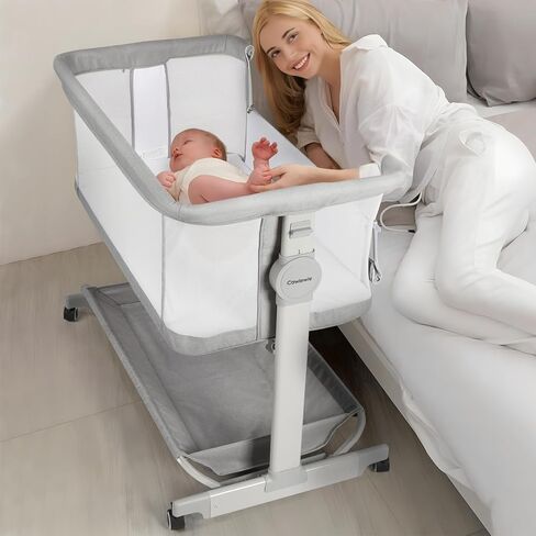 Cowiewie Baby Bassinet Rocking Beside Bassinet Sleeper 10 Major Functions to Meet All The Needs of Newborn Bedside Bassinet with Wheels(Grey) in Kuwait