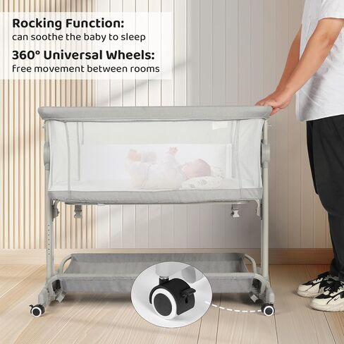 Cowiewie Baby Bassinet Rocking Beside Bassinet Sleeper 10 Major Functions to Meet All The Needs of Newborn Bedside Bassinet with Wheels(Grey) in Kuwait