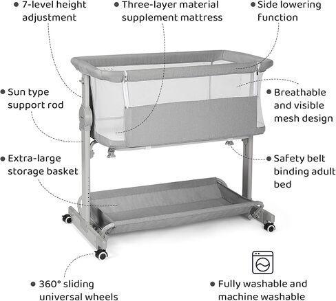 Cowiewie Baby Bassinet Rocking Beside Bassinet Sleeper 10 Major Functions to Meet All The Needs of Newborn Bedside Bassinet with Wheels(Grey) in Kuwait