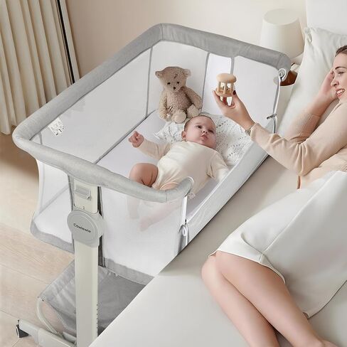 Cowiewie Baby Bassinet Rocking Beside Bassinet Sleeper 10 Major Functions to Meet All The Needs of Newborn Bedside Bassinet with Wheels(Grey) in Kuwait