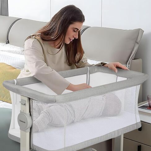 Cowiewie Baby Bassinet Rocking Beside Bassinet Sleeper 10 Major Functions to Meet All The Needs of Newborn Bedside Bassinet with Wheels(Grey) in Kuwait