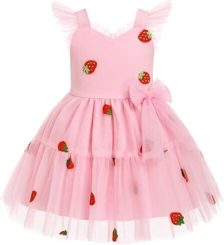 IMEKIS Toddler Girls Strawberry Floral Tulle Birthday Dress Elastic Back Summer Casual Party Dresses in Saudi Arabia