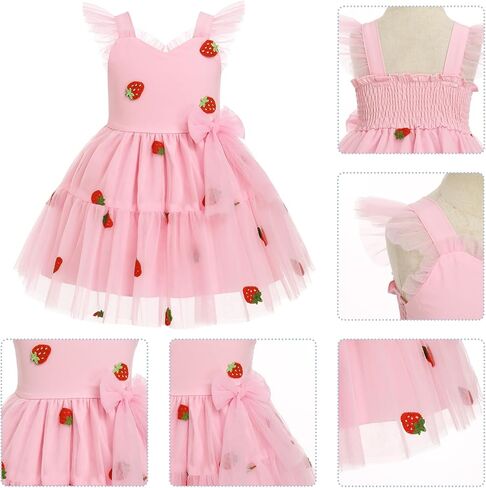 IMEKIS Toddler Girls Strawberry Floral Tulle Birthday Dress Elastic Back Summer Casual Party Dresses in Saudi Arabia
