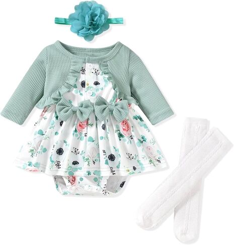 Unutiylo Baby Girl Fall Winter Outfit Dress Floral Print Long Sleeve Romper Clothes with Headband in Kuwait