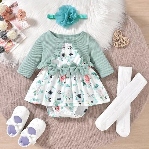 Unutiylo Baby Girl Fall Winter Outfit Dress Floral Print Long Sleeve Romper Clothes with Headband in Kuwait