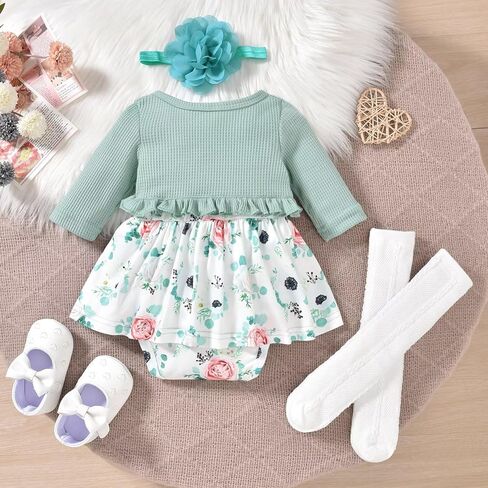 Unutiylo Baby Girl Fall Winter Outfit Dress Floral Print Long Sleeve Romper Clothes with Headband in Kuwait