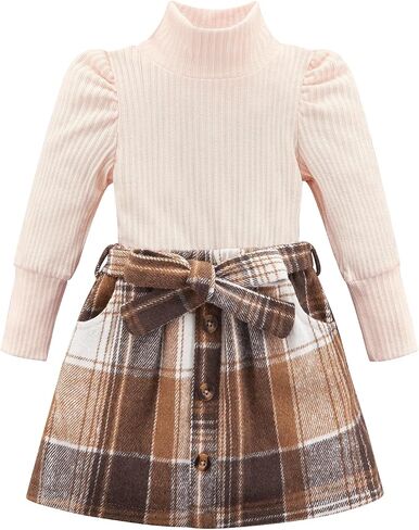 Toddler Girl Outfits Turtleneck Long Sleeve Ribbed Shirt Tops Plaid Mini Skirts 2Pcs Set Fall Winter Clothes 2-7T in Saudi Arabia