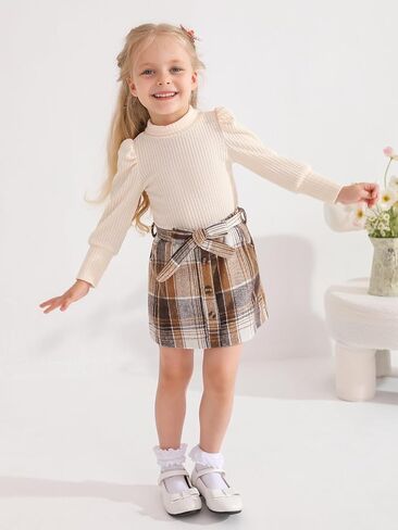 Toddler Girl Outfits Turtleneck Long Sleeve Ribbed Shirt Tops Plaid Mini Skirts 2Pcs Set Fall Winter Clothes 2-7T in Saudi Arabia