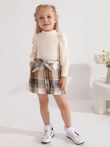 Toddler Girl Outfits Turtleneck Long Sleeve Ribbed Shirt Tops Plaid Mini Skirts 2Pcs Set Fall Winter Clothes 2-7T in Saudi Arabia