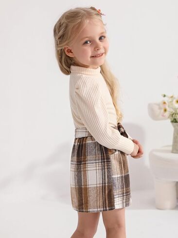 Toddler Girl Outfits Turtleneck Long Sleeve Ribbed Shirt Tops Plaid Mini Skirts 2Pcs Set Fall Winter Clothes 2-7T in Saudi Arabia