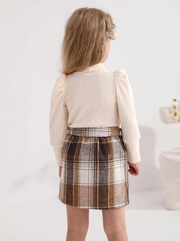 Toddler Girl Outfits Turtleneck Long Sleeve Ribbed Shirt Tops Plaid Mini Skirts 2Pcs Set Fall Winter Clothes 2-7T in Saudi Arabia