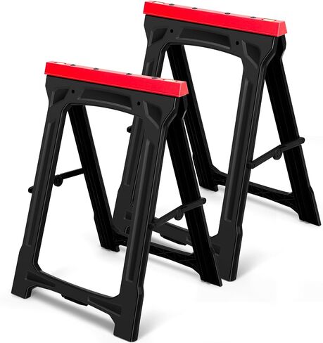2 Packs Folding Sawhorses Heavy Duty,700 lb Weight Capacity , Weather Resistant Polypropylene Sawhorse, Portable Lightweight Saw Horses Brackets, Folds Flat to 2 Inches, Black and Red in Saudi Arabia