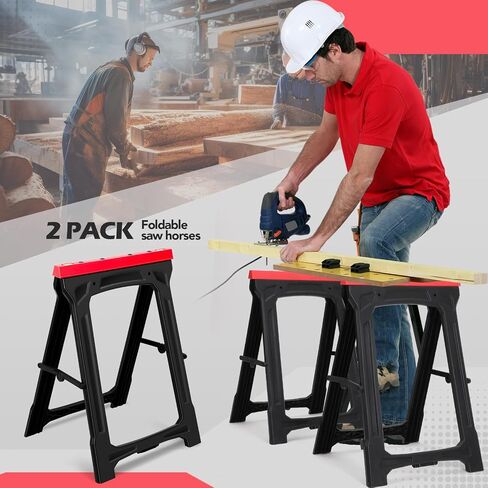 2 Packs Folding Sawhorses Heavy Duty,700 lb Weight Capacity , Weather Resistant Polypropylene Sawhorse, Portable Lightweight Saw Horses Brackets, Folds Flat to 2 Inches, Black and Red in Saudi Arabia