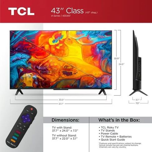 تلفزيون TCL 43S451 مقاس 43 بوصة من الفئة 4 4K UHD HDR LED Smart Roku يعمل مع Siri وAlexa وHey Google (متجدد) in Kuwait