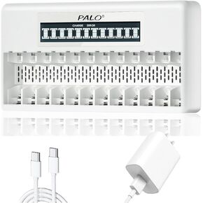 12 Bay Universal Lithium Battery Charger for Rechargeable AA AAA Lithium Batteries, with PD20W 3A Type-C High-Speed Plug Cable and Smart LCD Display