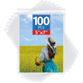100 Count Acid-Free Clear Plastic Bags Self Seal Crystal Bags for storaging 8" x 10" Photo Sleeves, Art Prints,Framing Mat,Greeting Cards,Resealable Cellophane Bags