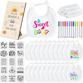 DIY Baby Bibs Decorating Kit Baby Shower Game White Baby Bibs Design Game Includes 22 Blank Bibs 15 Stencils 12 Fabric Markers 1 Baby Shower Game Sign for Boys Girls Gender Reveal Party (Boho)