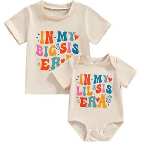 Honganda 2Pcs Summer Big Sister Little Sister Matching Shirt Short Sleeve Letter Print T-shirt & Romper Sibling Sister Outfit