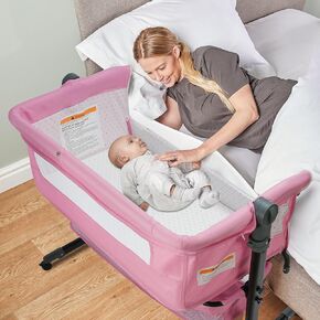 Bassinet, 4 in 1 Baby Basinet, Bedside Bassinet for Baby, Height Adjustable Bassinet Bedside Sleeper with Lockable Wheels & Mosquito Nets, Large Storage Bag & Comfortable Mattresses Included.