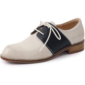 Mona flying Women's Handmade Two Tone Dress Oxfords Derby Comfy Lace up Leather Shoes for Ladies