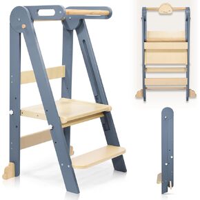 Foldable Toddler Step Stool Kitchen Helper, Wooden Folding Montessori Kitchen Learning Tool for Kids, Toddlers Standing Tower with 3 Adjustable Height Stepping for Counter Sink-Gray