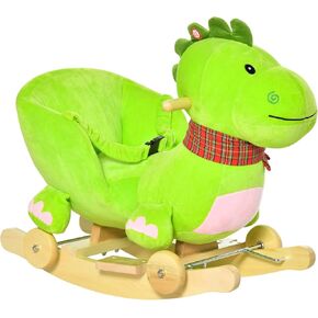 Qaba Baby Rocking Horse Kids Interactive 2-in-1 Plush Ride-On Toys Stroller Rocking Dinosaur with Wheels and Nursery Song