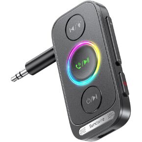 Syncwire Bluetooth 5.4 Aux Adapter for Car, Bluetooth 3.5mm Aux Receiver Wireless Audio Receiver for Home Stereo, Wired Headphone, Hands-Free Call, 22H Battery, Deep Bass, Colorful Light, Black