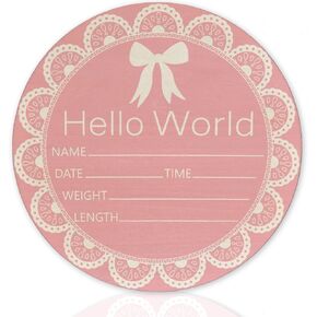 Baby Announcement Sign for Newborn Boys and Girls, Hello World Newborn Sign, Nursery Wall Decor, Baby Name Sign, Cute Pink Thematic Birch Wood 6 Inch Circle Board