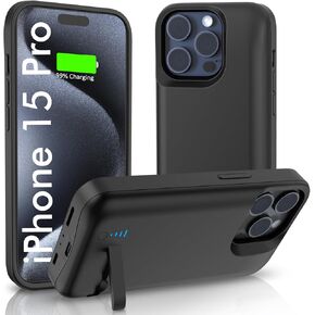 Battery Case for iPhone 15 Pro, Real 7000mAh Extended Charging Case with Kickstand for Apple 15 Pro, Protective Phone Charger Case for 15 Pro(6.1") Black