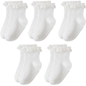 Meeshine Baby Toddler Girls Anti Slip Ruffle Socks with Grips Newborn Infant Cotton Non Skid Frilly Dress Socks, 5 Packs in Kuwait
