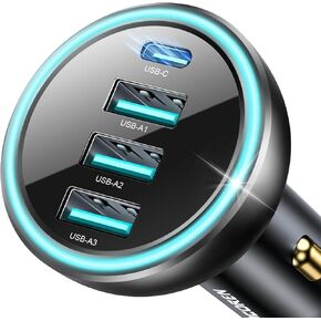 USB C Car Charger, Rocoren 55W 4-Port for Family Travel, PD3.0 35W QC3.0 Super Fast Charging for Multiple Devices, Cigarette Lighter USB C Charger for iPhone 16, iPad Pro, Samsung S24, Google Pixel 8