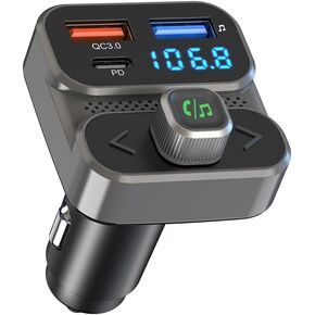 Bluetooth FM Transmitter for Car, Wireless Bluetooth Car Adapter with 36W QC 3.0 + PD 3.0 USB C Fast Charger, Bluetooth 5.0 Car Radio Transmitter, Support Hands-Free Phone Call & Siri Voice Assistant