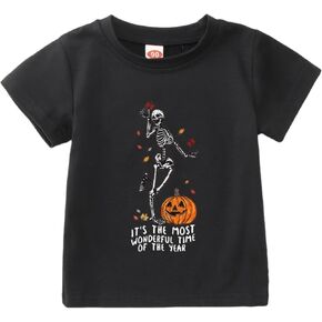 IZYJOY Toddler Dancing Skeleton Halloween Shirt Baby Girl Boy Pumpkin Skull T-Shirt Spooky Season Short Sleeve Tee Fall Top