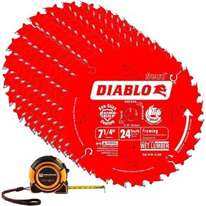 Diablo D0724A 7 1/4" Circular Saw Blade, 24 Tooth Framing Saw Blade 10 Pack, Wholesalehome Tape Measure Included